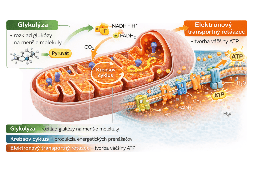 Ako mitochondrie vyrábajú energiu
Proces výroby energie v mitochondriách sa nazýva bunkové dýchanie. Ide o komplexný biochemický proces, pri ktorom sa energia z potravy premieňa na ATP.