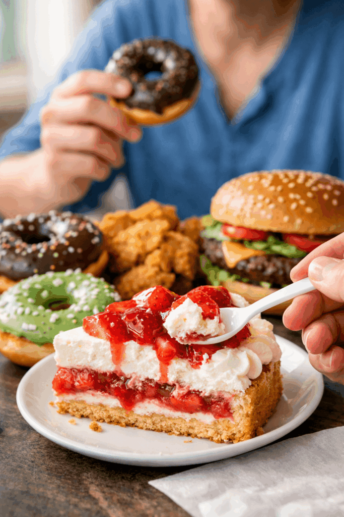 metabolické zdravie, nezdravé jedlo, sladké, junk food, inzulín, inzulínová rezistencia, hamburger, šišky, koláč, metabolizmus