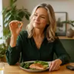 Žena drží kapsulu berberínu pri zdravom jedle a glukomeri