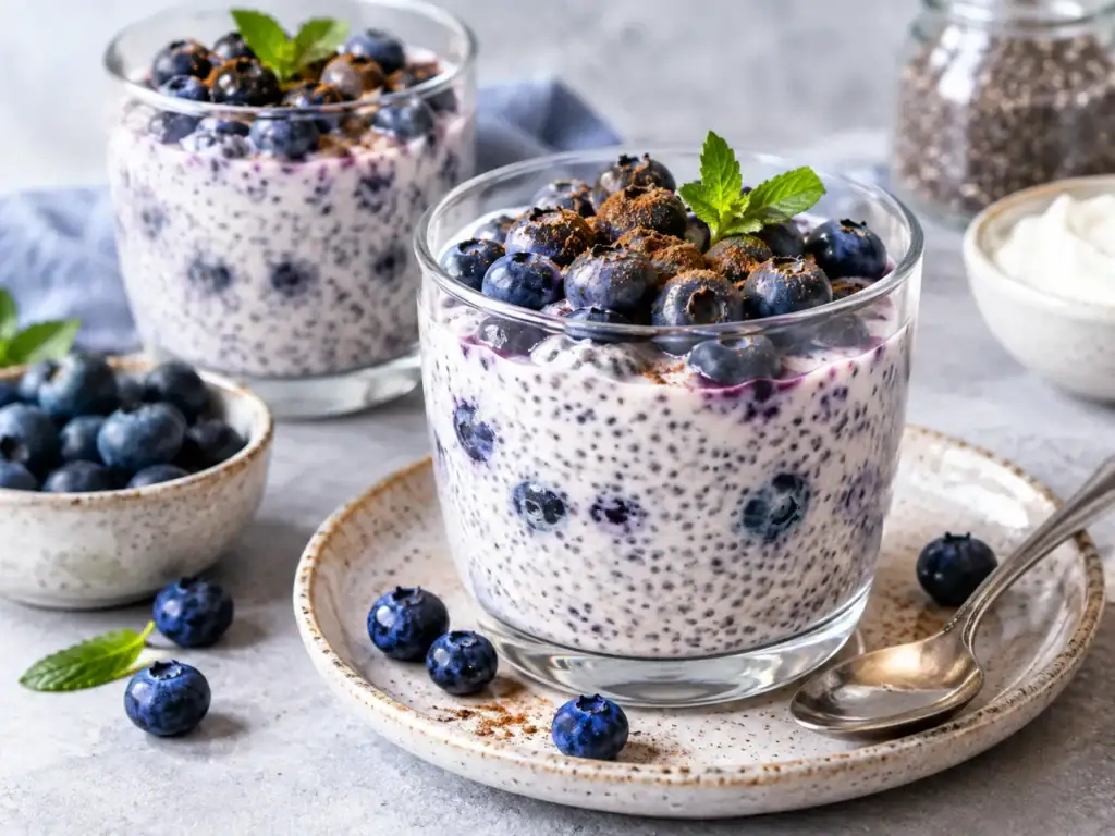 Chia puding s čučoriedkami, jogurtom a kefírom