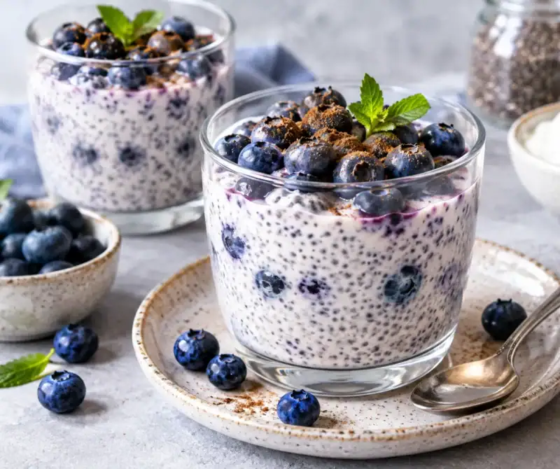 Chia puding s čučoriedkami, jogurtom a kefírom