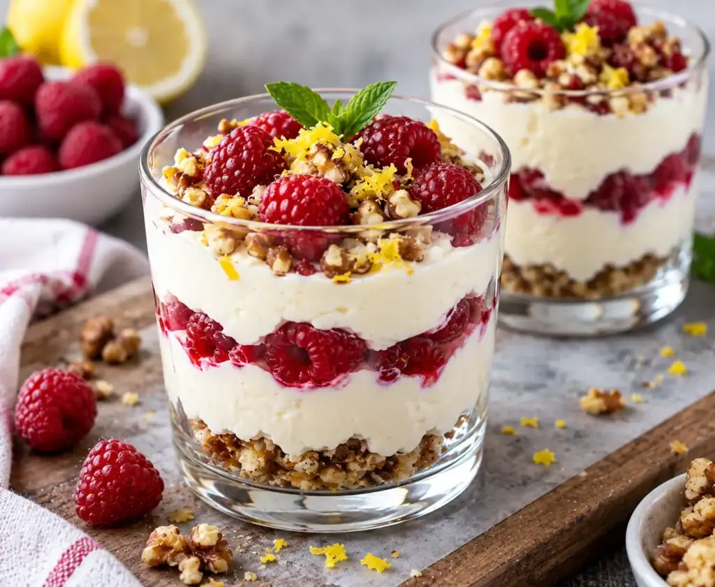 Cheesecake do pohára s malinami a vlašskými orechmi