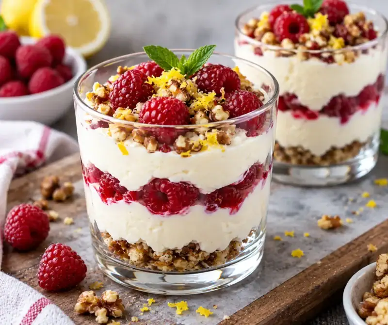Cheesecake do pohára s malinami a vlašskými orechmi