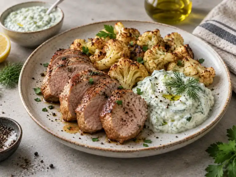 Bravčová panenka s pečeným karfiolom a tzatziki