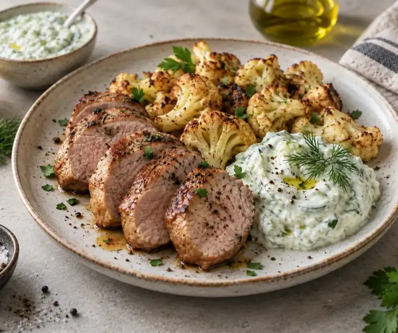 Bravčová panenka s pečeným karfiolom a tzatziki – low-carb recept