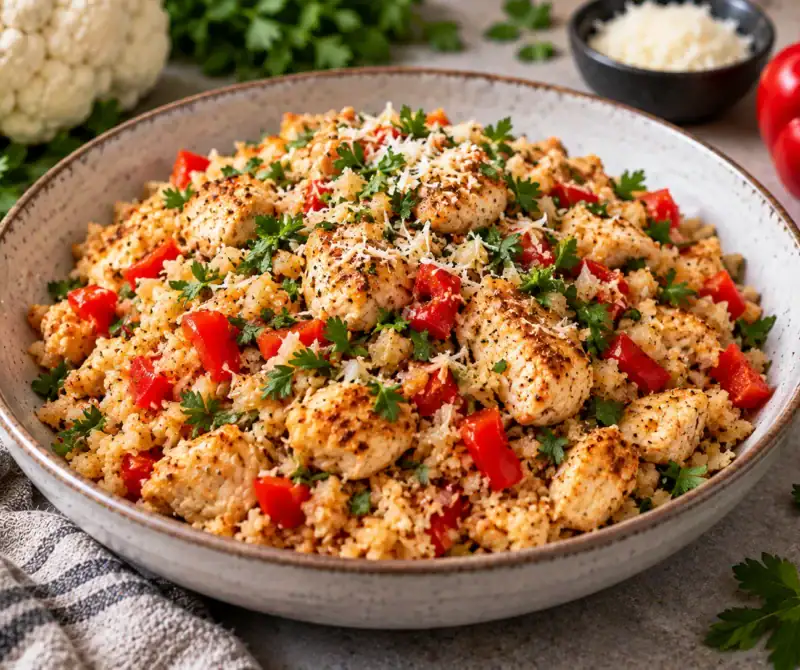 Karfiolová ryža s kuracím mäsom, paprikou a parmezánom