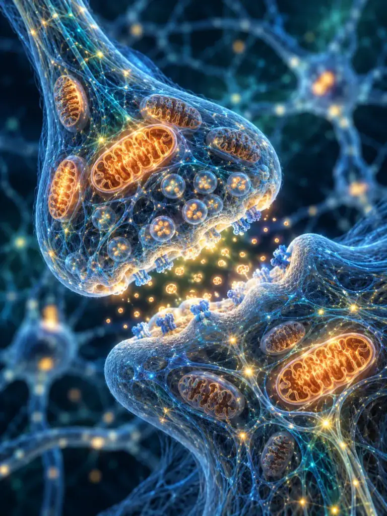 Neurón so synapsiou a mitochondriami zabezpečujúcimi energiu bunky