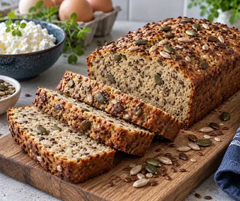 Low-carb chlieb bez múky s tvarohom a semienkami nakrájaný na krajce
