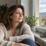Zamyslená žena pri okne v prirodzenom domácom prostredí.