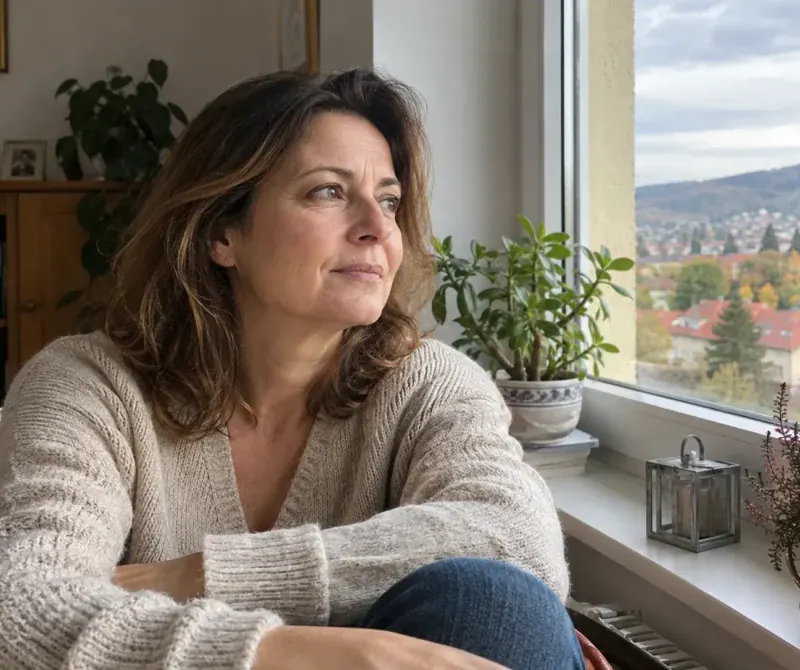Zamyslená žena pri okne v prirodzenom domácom prostredí.